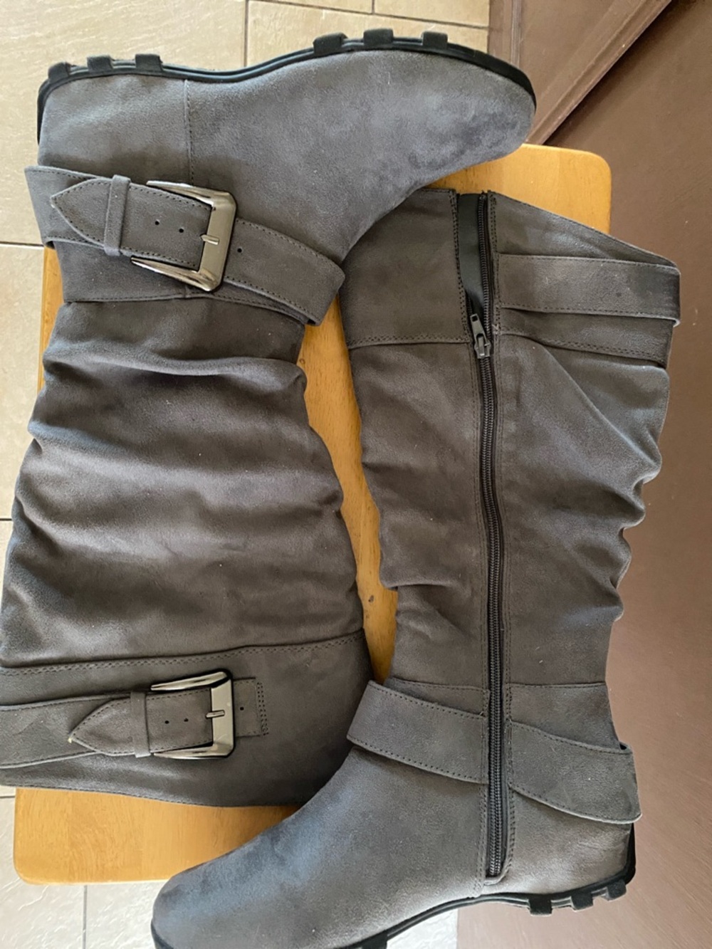 Gray Suede Slouchy Buckle Boots